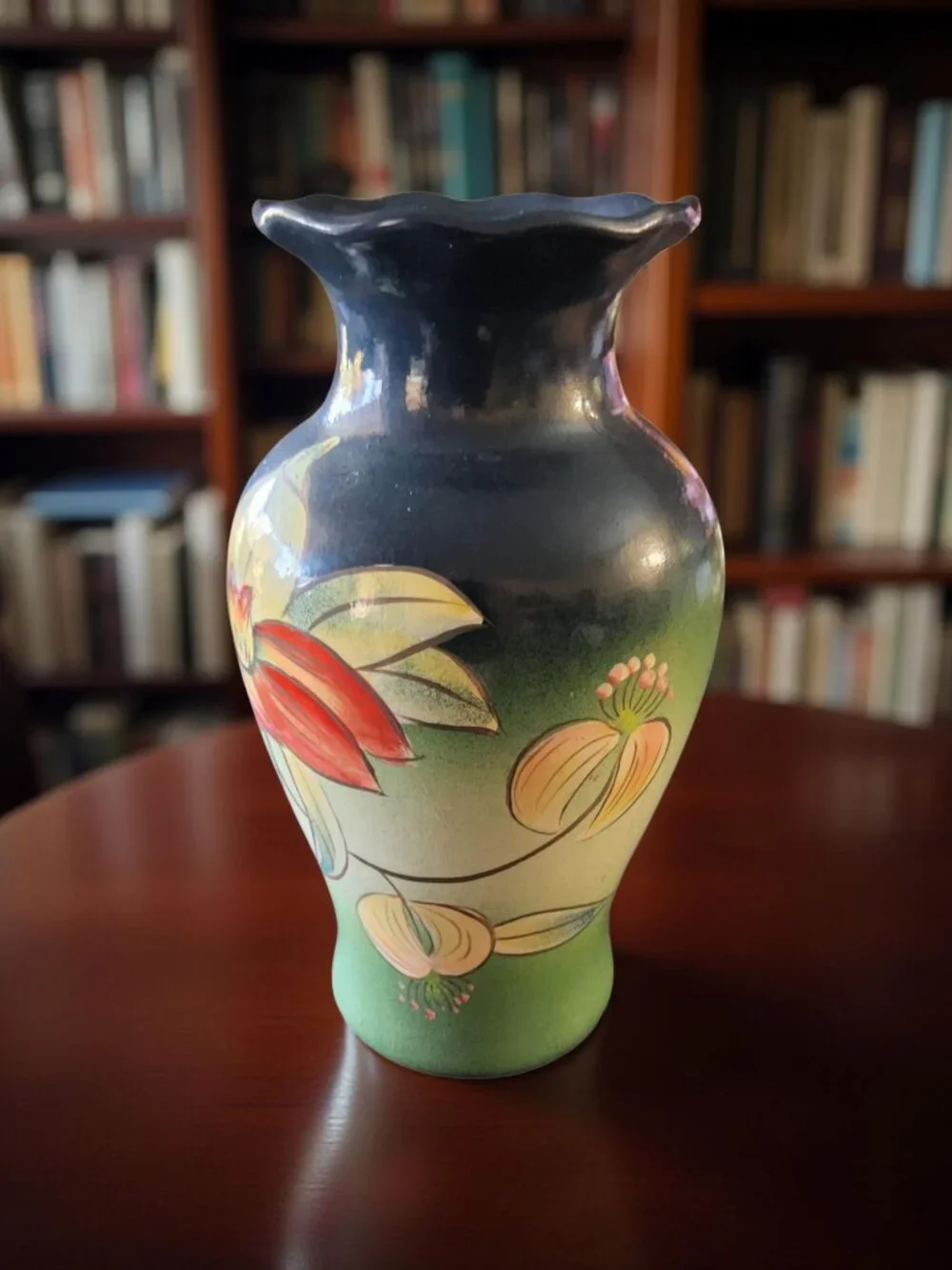 Vintage Hand - Painted Orchid Floral Clay Art Nouveau Vase